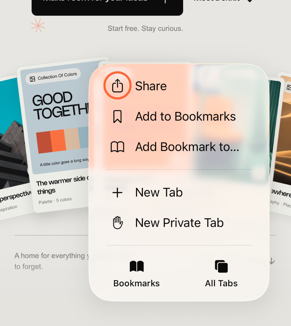 Real iOS screenshot of Safari’s More menu with Share highlighted.