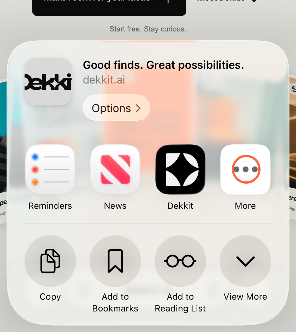 Real iOS Share menu with More highlighted beside the app icons.